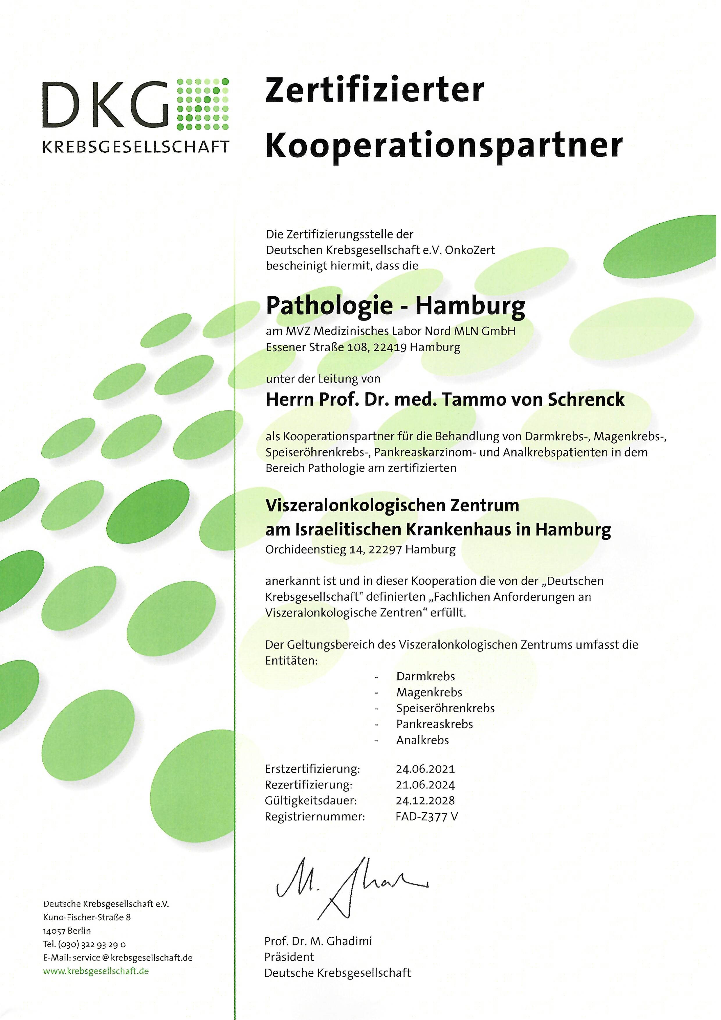 Zertifizierungsurkunde Viszeralonkologisches Zentrum am Israelitischen Krankenhaus in Hamburg